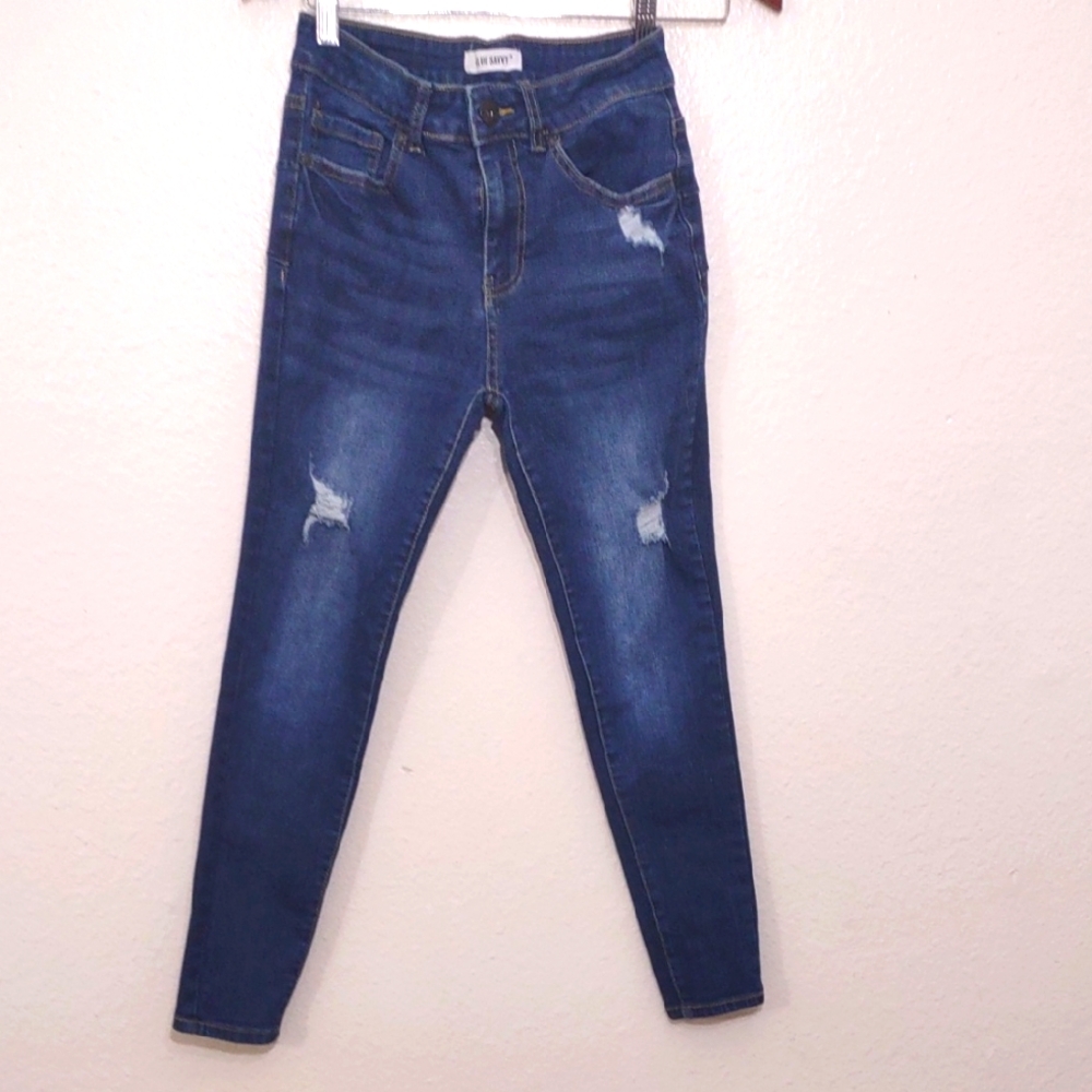 USED BLUE SAVVY DISTRESSED JEANS FRAY ON POCKETS SIZE 5/27 BLUE INSEAM 25INCH